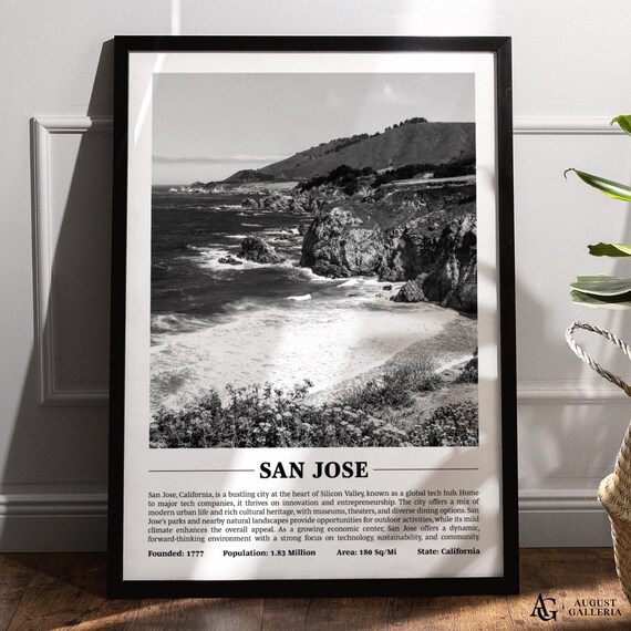 San Jose California Rugged Coastline Cliffs Black White Travel Photo Poster