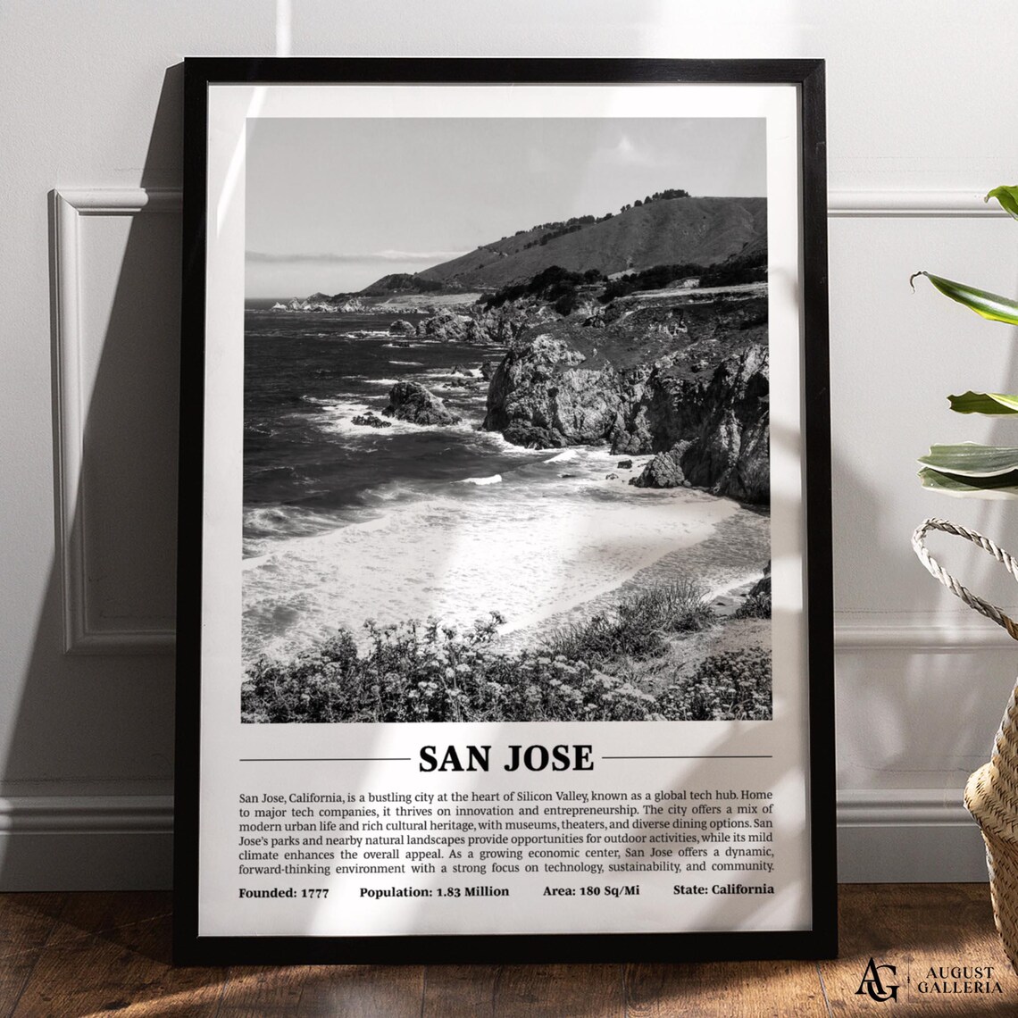 San Jose California Rugged Coastline Cliffs Black White Travel Photo Poster