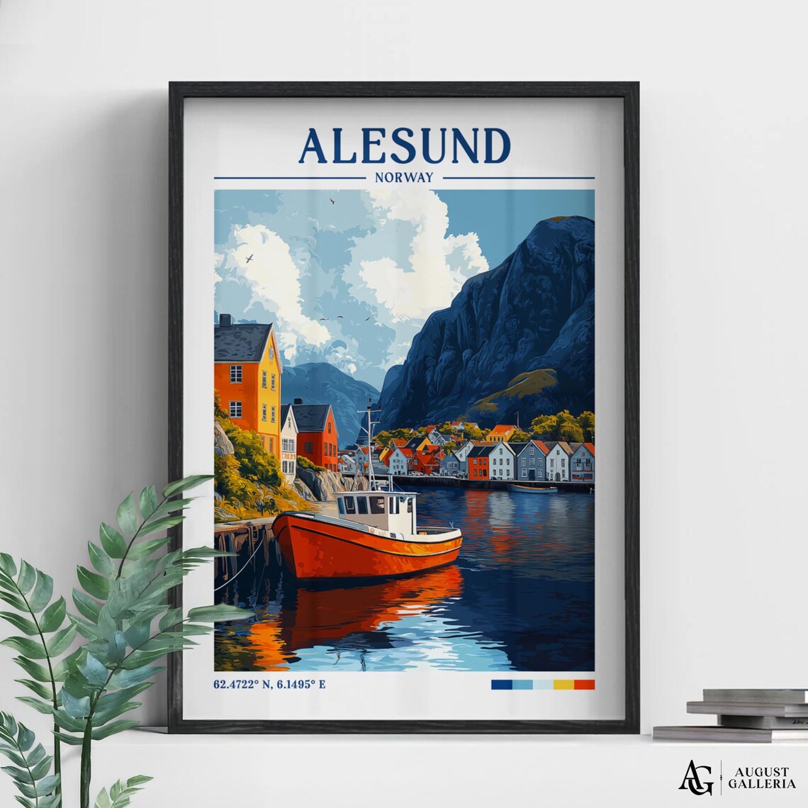 Retro Alesund Norway Harbor Red Fishing Boat Travel Illustration Poster