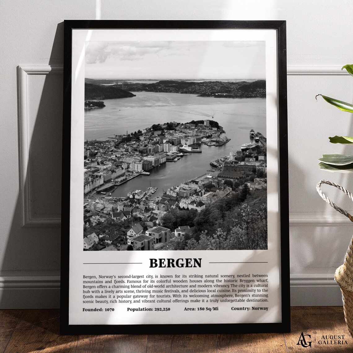 Bergen Norway Fjord City Print Black White Travel Harbor Profile