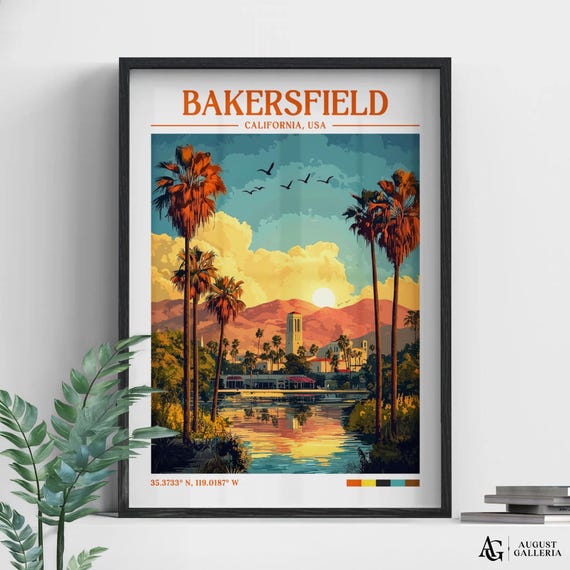 Bakersfield Retro Travel Print Wanderlust Posters Wall Art Framed Prints Canvas Poster