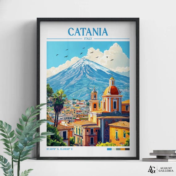 Catania Italy Retro Travel Print Wanderlust Posters Illustration Wall Art Framed Prints Canvas Poster