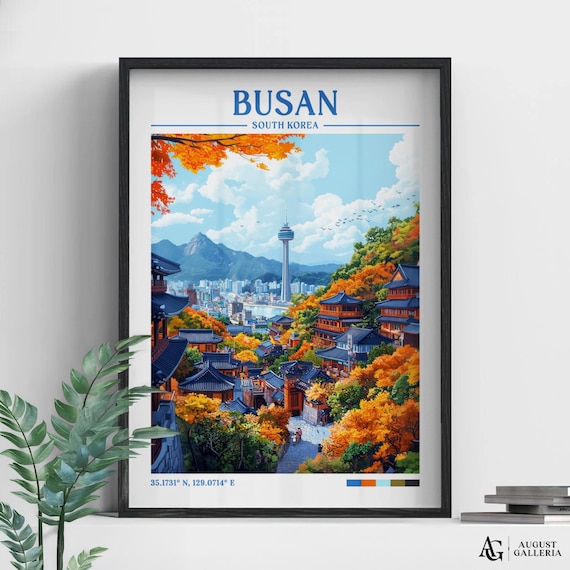 Retro Busan South Korea Autumn Temple Village Travel Illustration Poster