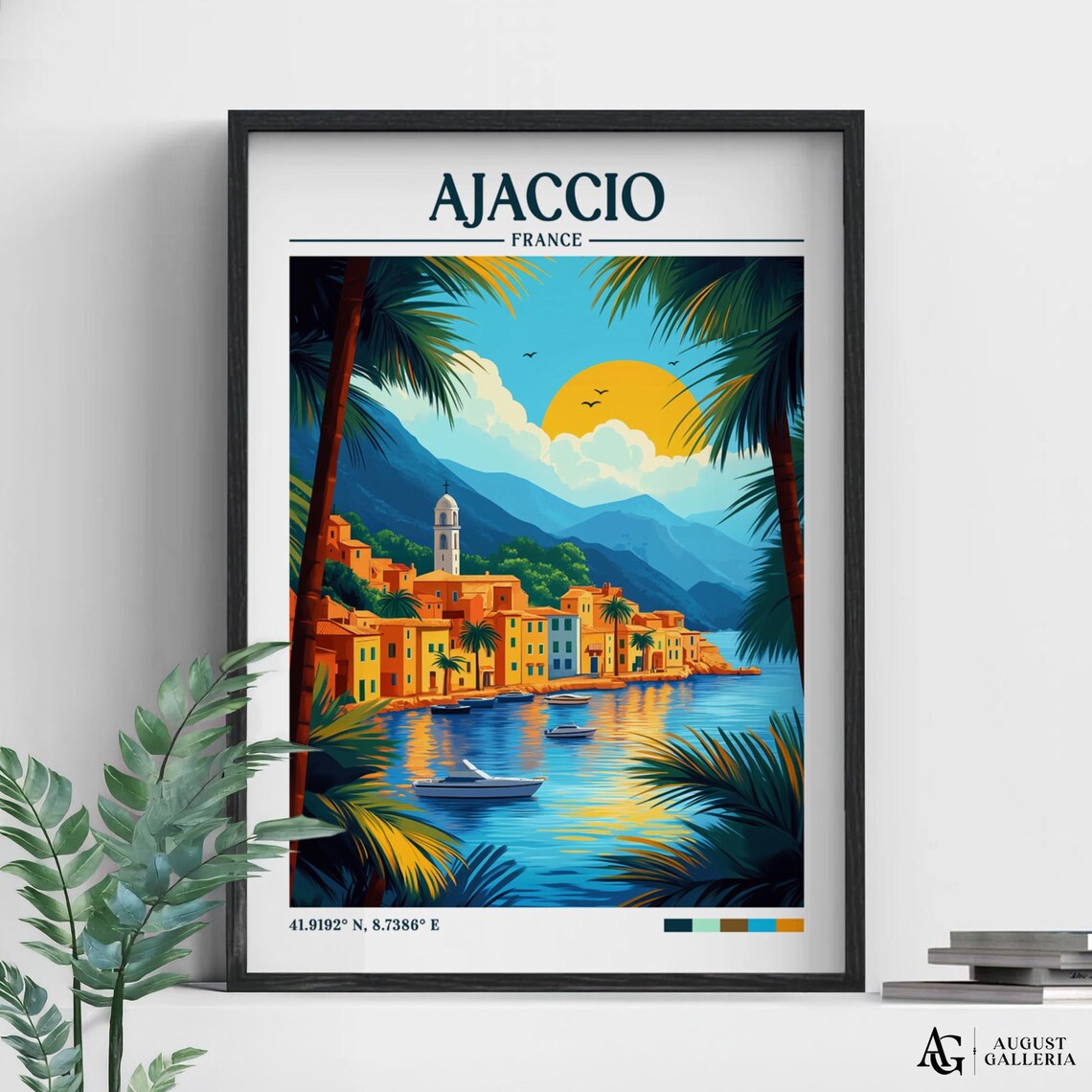 Ajaccio France Retro Harbor Sunset Vintage Travel Destination Poster