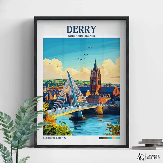 Retro Derry Northern Ireland Peace Bridge Cathedral Travel Art Poster