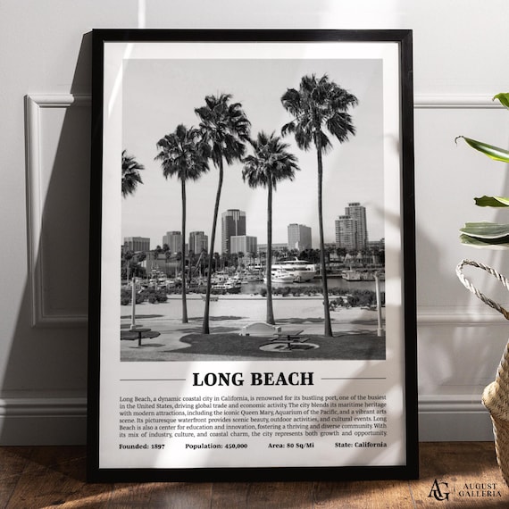 Long Beach California Black and White Palm Marina Photo Poster