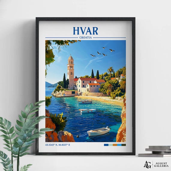 Hvar Croatia Retro Travel Print Wanderlust Posters Illustration Wall Art Framed Prints Canvas Poster