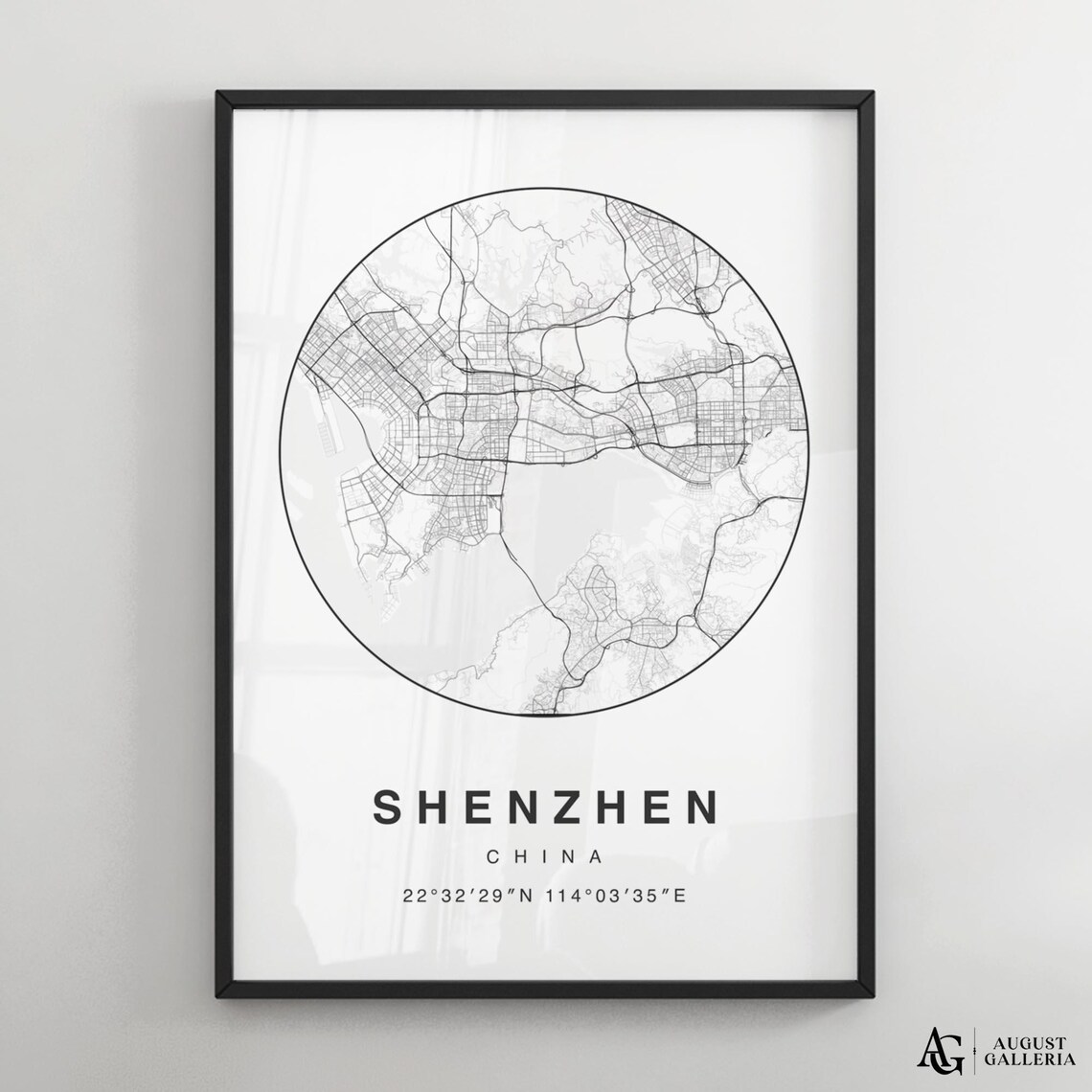 Shenzhen China Minimalist City Street Map Black and White Art Poster