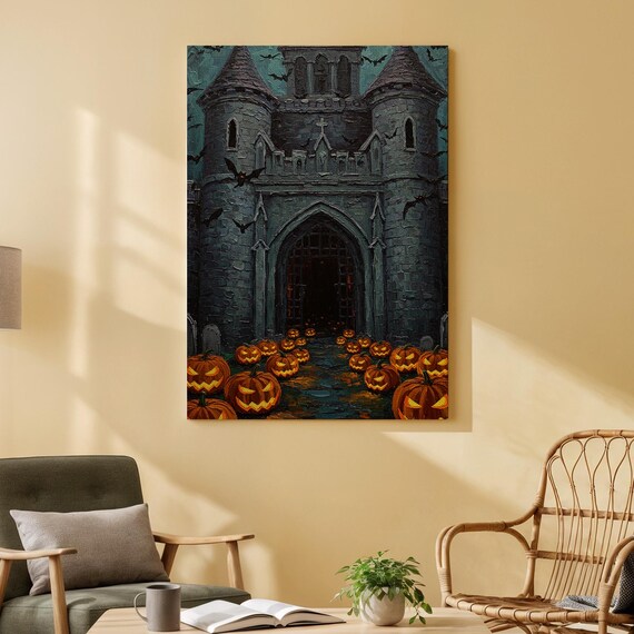 Haunted Castle Entrance Canvas Art Halloween Pumpkin Pathway Print Gothic Architecture Wall Decor Spooky Dark Fantasy For Home
