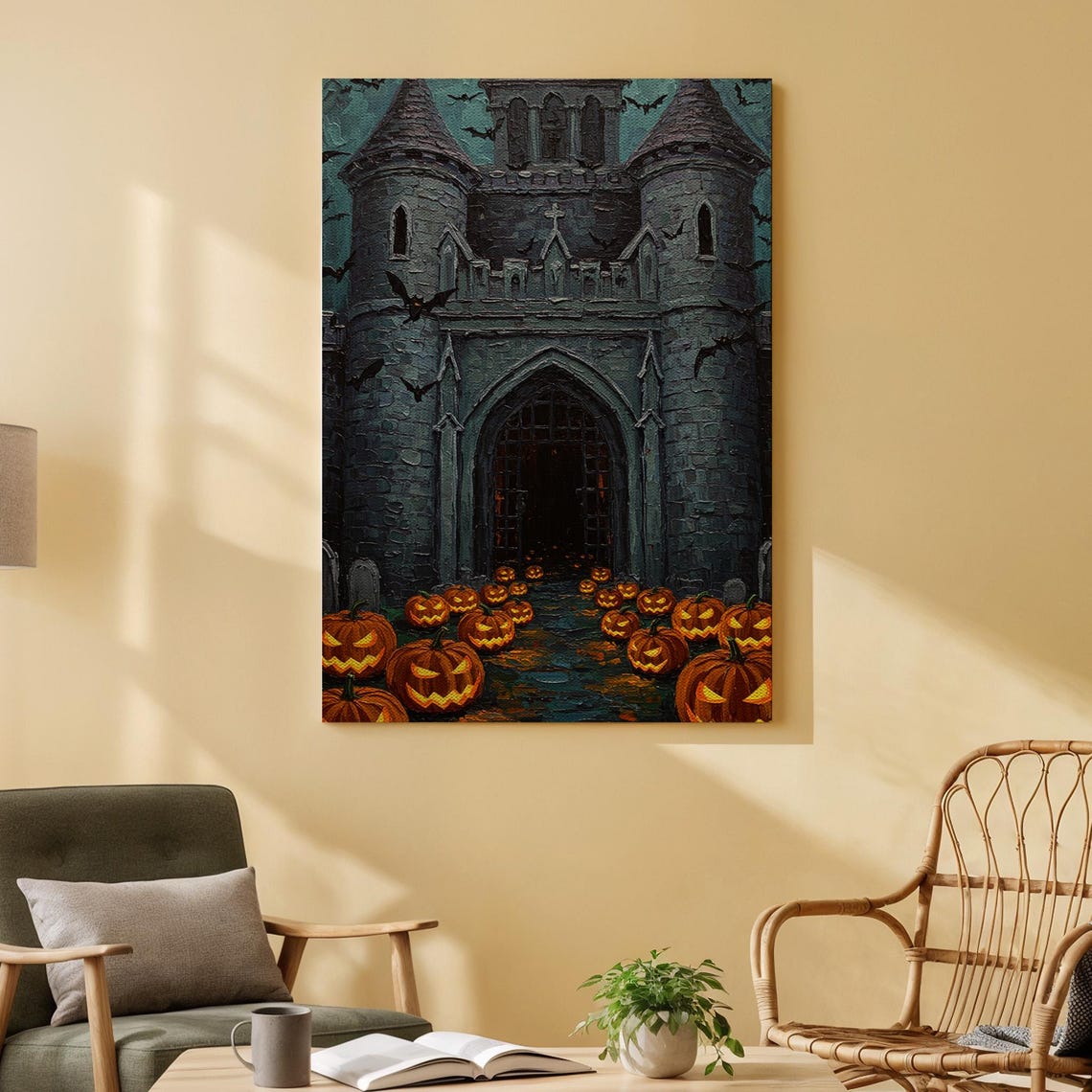 Haunted Castle Entrance Bats Jack O Lanterns Halloween Night Poster