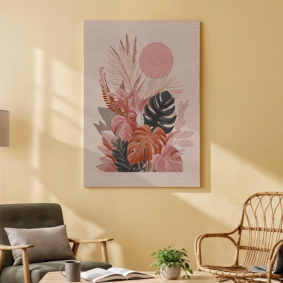 Tropical Leaves Canvas Wall Art Modern Botanical Design Print Warm Pink And Green Foliage Artwork For Living Room Or Bedroom Decor