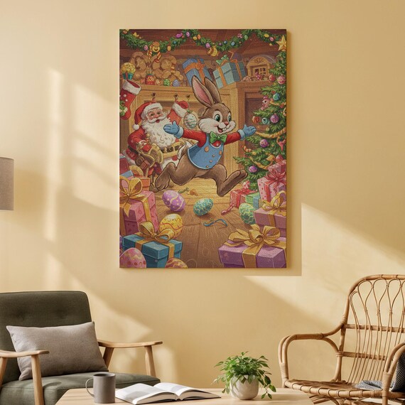 Santa and Bunny Christmas Morning Cheerful Kids Bedroom Wall Art