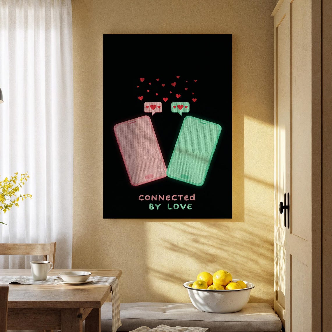 Connected By Love Neon Phones Poster Heart Messages Modern Romance