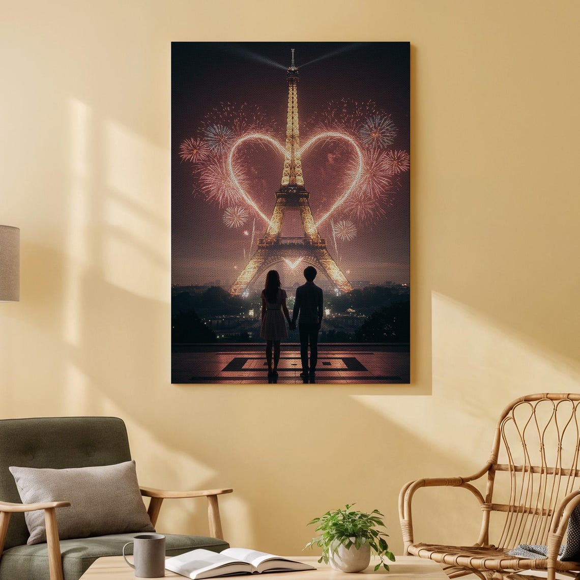 Eiffel Tower Heart Fireworks Romantic Paris Night Canvas Poster
