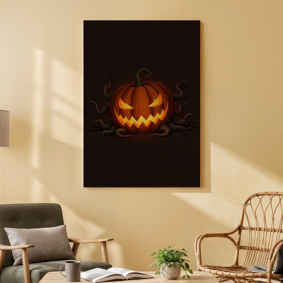 Evil Pumpkin Canvas Art Spooky Halloween Jackolantern Wall Print Dark Autumn Decor For Living Room Entryway Or Seasonal Spaces