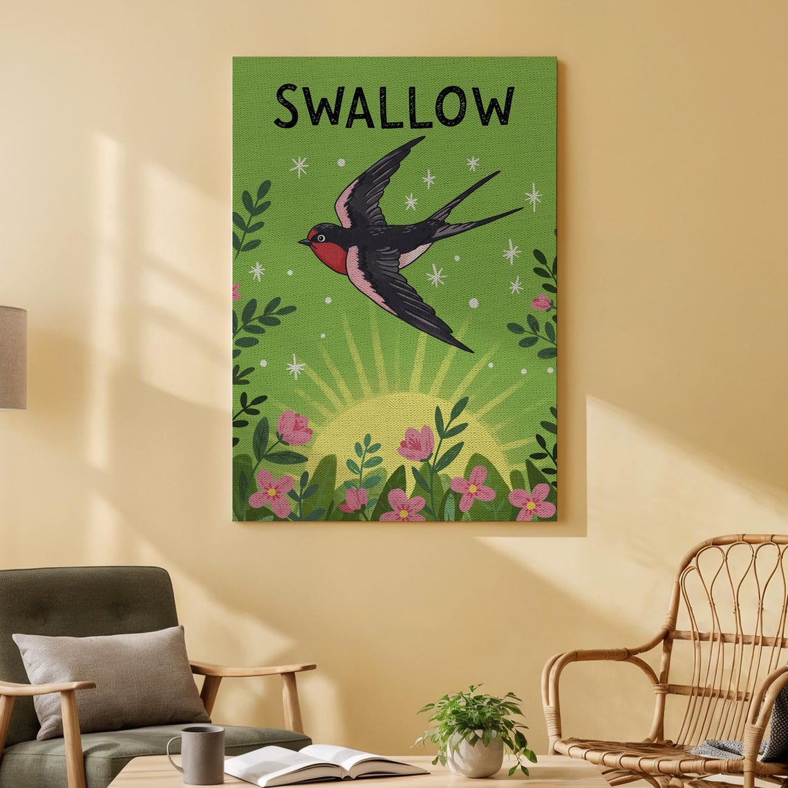 Swallow Bird Folk Art Poster with Green Sun and Pink Flowers