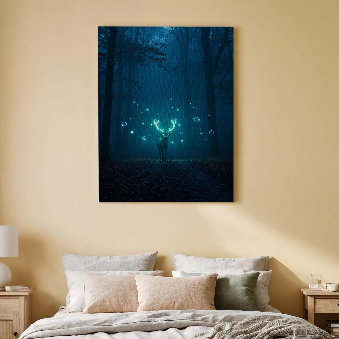 Glowing Deer Mystical Night Forest Fantasy Fireflies Wall Art