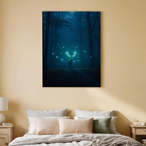 Glowing Deer Canvas Wall Art Surreal Fantasy Forest Print Mystical Night Scene For Living Room Bedroom Office Or Creative Studio