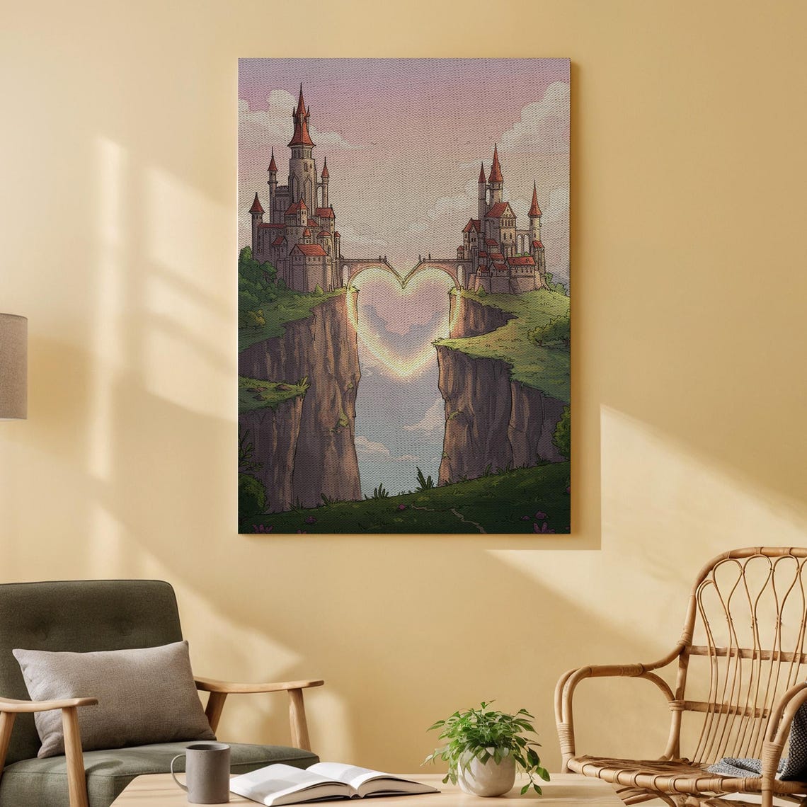 Fantasy Castles Heart Bridge Cliffside Romantic Fairytale Poster
