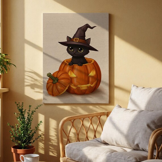 Cute Black Cat In Pumpkin Canvas Art Adorable Halloween Wall Print Witch Kitten Decor For Living Room Kids Or Seasonal Spaces