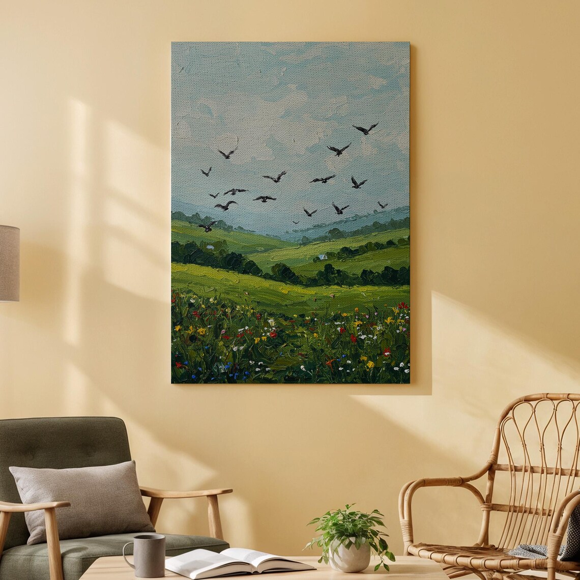 Birds In Flight Over Green Meadow Wildflowers Impressionist Nature Art Poster