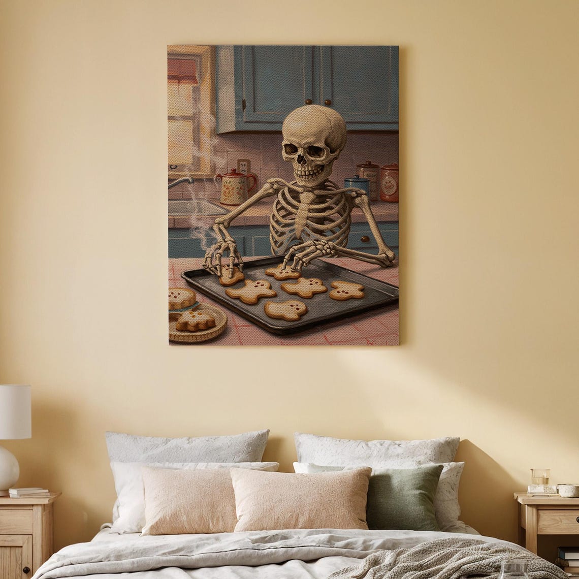 Funny Skeleton Baking Cookies In Cozy Kitchen Halloween Poster