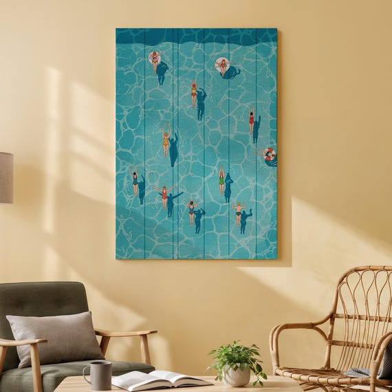 Swimming Pool Scene Artwork Print On Wood Minimalist Summer Design Modern Art For Living Room Bedroom Or Vacation Home Decor