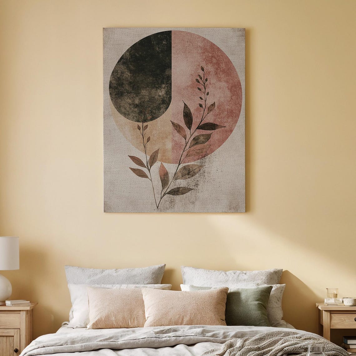 Abstract Botanical Circle Split Black Blush Minimalist Leaf Wall Art