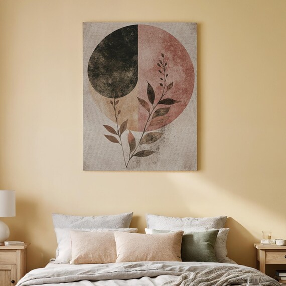 Abstract Botanical Circle Split Black Blush Minimalist Leaf Wall Art