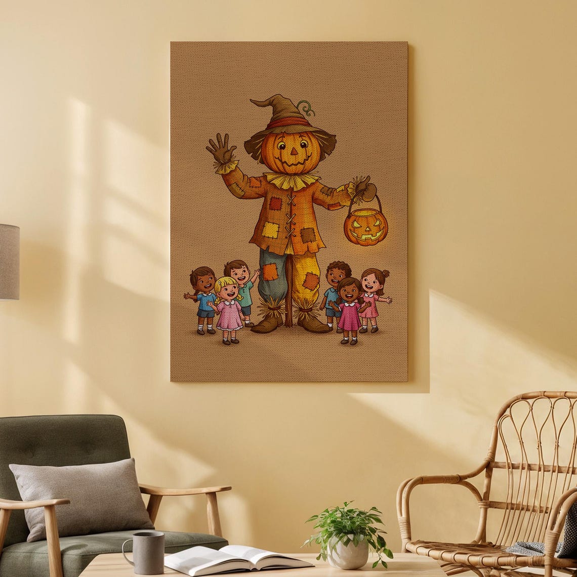 Whimsical Pumpkin Scarecrow With Kids Trick Or Treat Halloween Poster