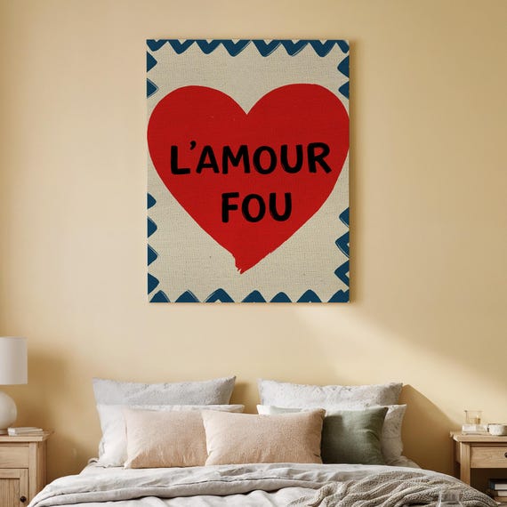 Lamour Fou Heart Canvas Wall Art French Love Quote Print Bold Red Minimalist Artwork For Bedroom Or Romantic Modern Home Decor