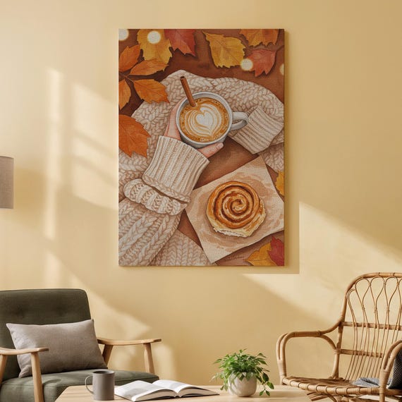 Autumn Coffee And Cinnamon Roll Canvas Art Cozy Fall Morning Scene Warm Beverage Pastry Decor For Kitchen Dining Room Or Lovers
