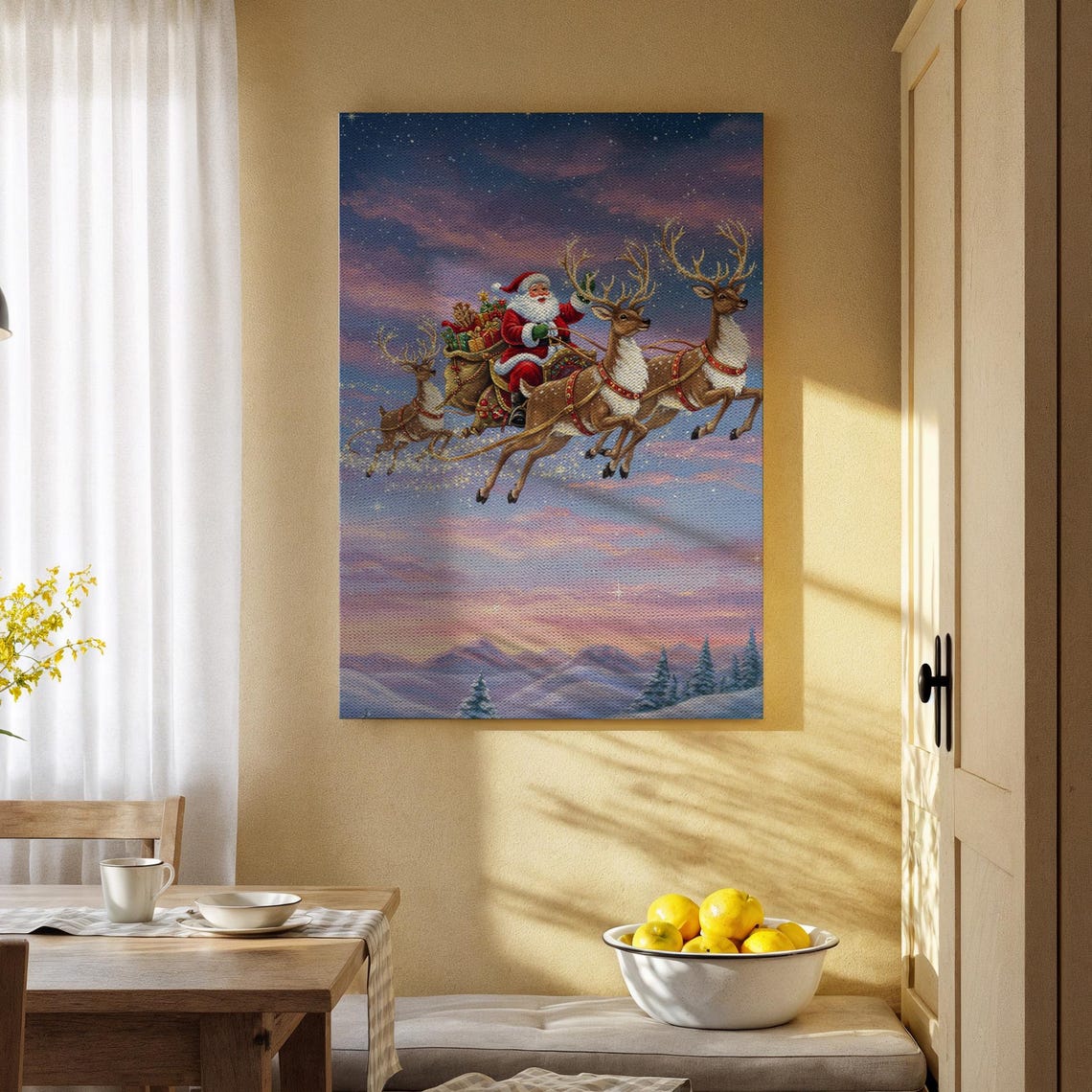 Santa Sleigh Ride With Reindeer Flying Sunset Sky Christmas Wall Art