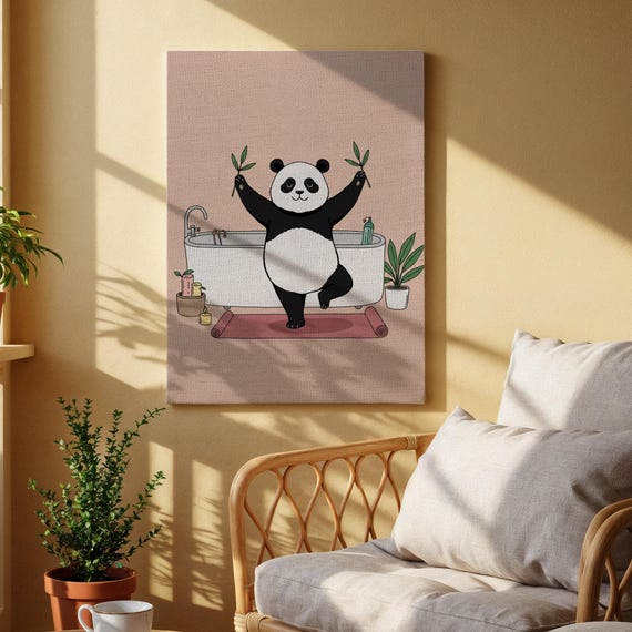 Panda In Bathtub Canvas Art Cute And Playful With Bamboo Fun Whimsical Decor For Living Room Bedroom Or Kids