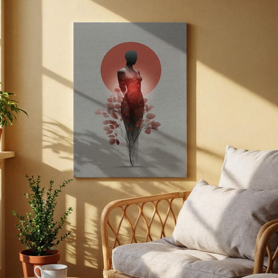 Feminine Silhouette Canvas Wall Art Abstract Woman With Red Sun And Floral Elements Minimalist Modern Artwork For Bedroom Or Living Room