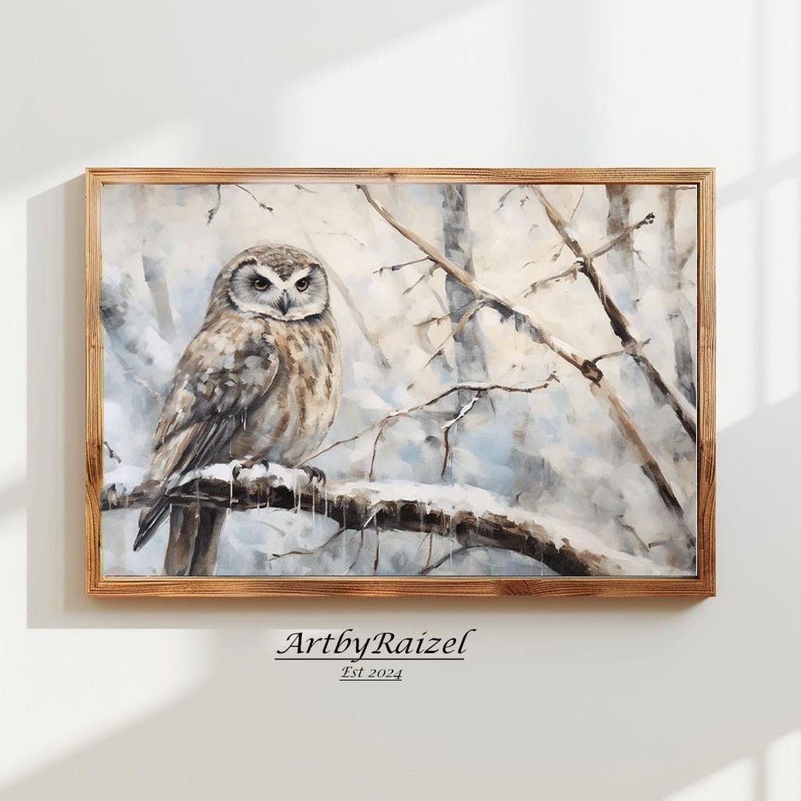 Rustic Owl Perched On A Snowy Branch Winter Animal Art Poster