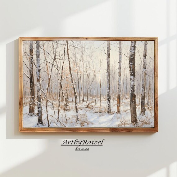 Bare Birch Trees Snowy Winter Forest Muted Painting Art Poster