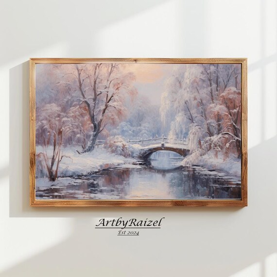 Snowy Stone Bridge Winter River Frosted Forest Painting Poster