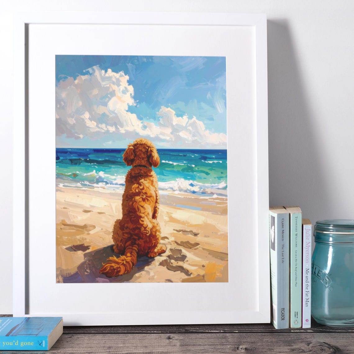 Red Doodle Dog Sitting on Beach Watching Ocean Waves Art Poster