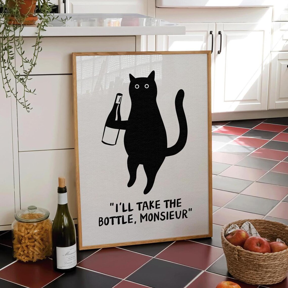 Funny Wine Cat Poster, Vintage Kitchen Wall Art