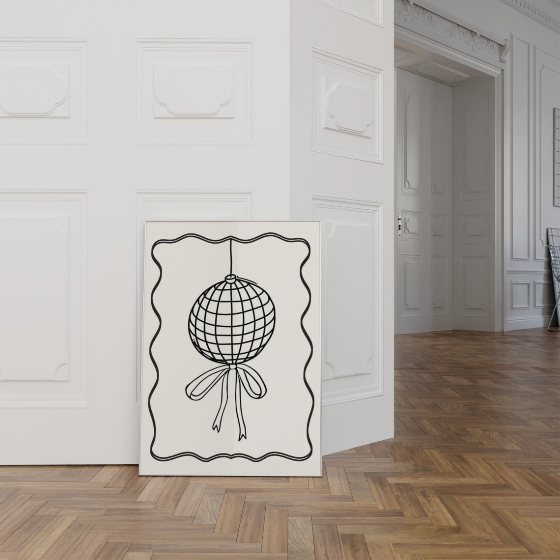 Black Disco Ball Bow Fine Line Drawing Trendy Minimalist Wall Art - Image 3