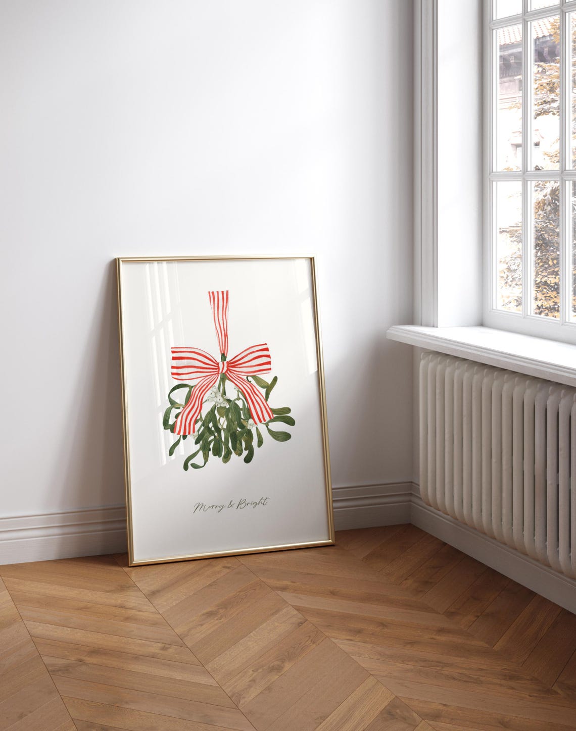 Merry and Bright Mistletoe Red Striped Bow Botanical Holiday Poster - Image 3