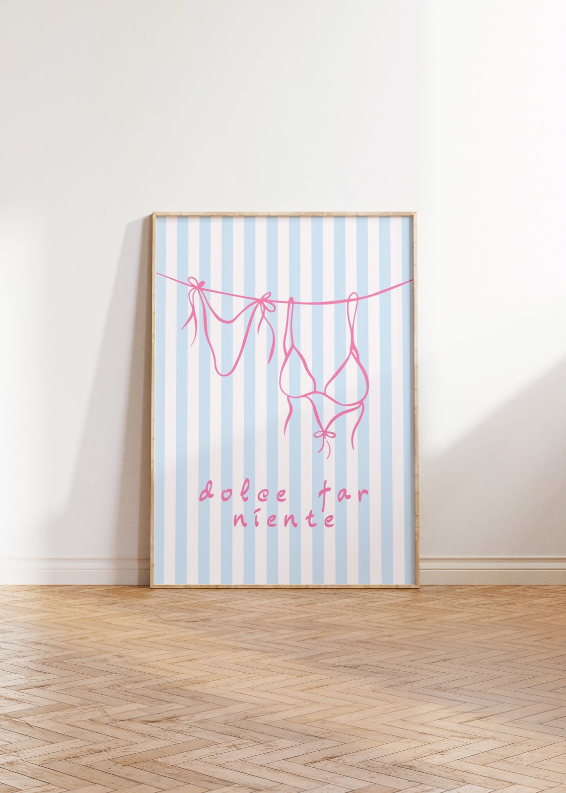 Dolce Far Niente Pink Bikini Clothesline Blue Stripe Beach Poster - Image 2
