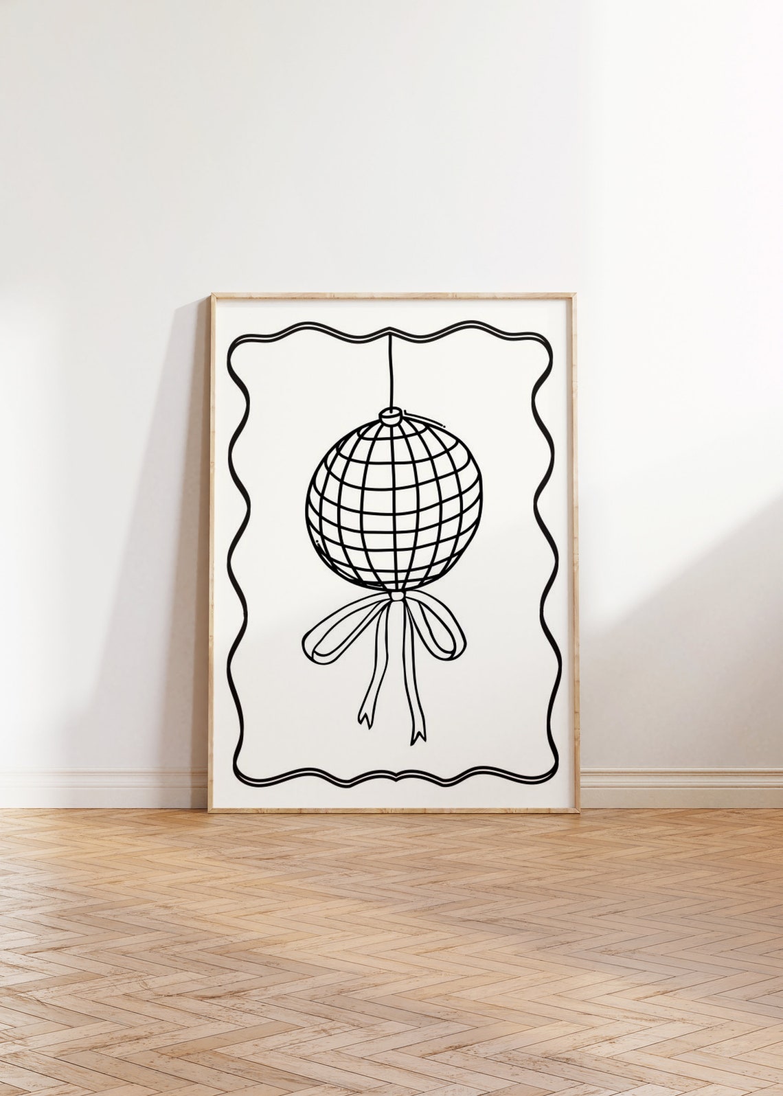 Black Disco Ball Bow Fine Line Drawing Trendy Minimalist Wall Art