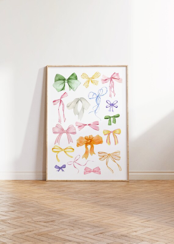 Trendy Bow Print Colorful Coquette Cute Girly Wall Art Preppy Watercolor Bows Soft Pastel Poster Ribbon Bow Balletcore