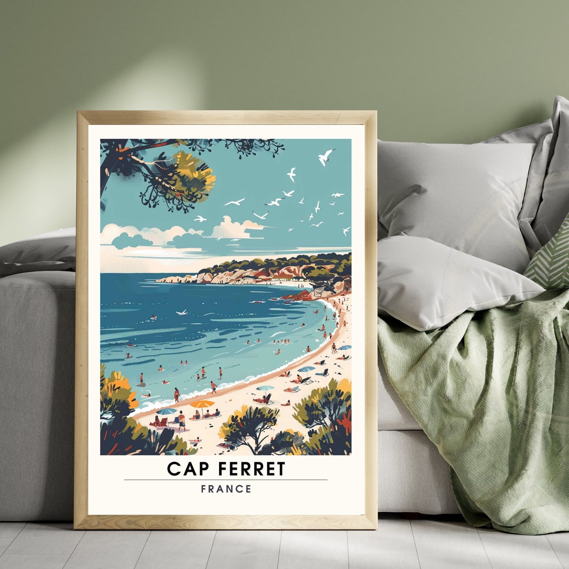 Cap Ferret France Vintage Beach Scene Seagulls Atlantic Travel Poster