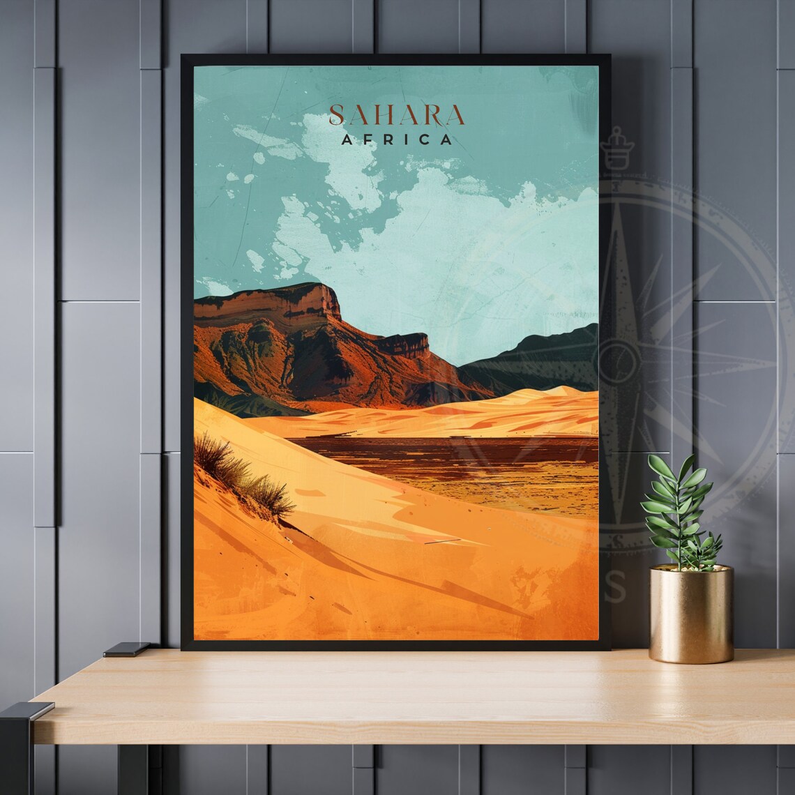 Sahara Africa Desert Dunes Rocky Mesa Vintage Travel Illustration Poster