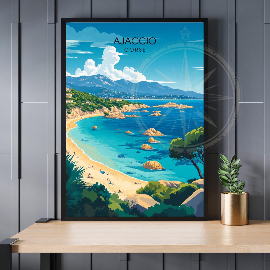 Ajaccio Corsica Beach Cove Turquoise Sea Illustration Travel Poster