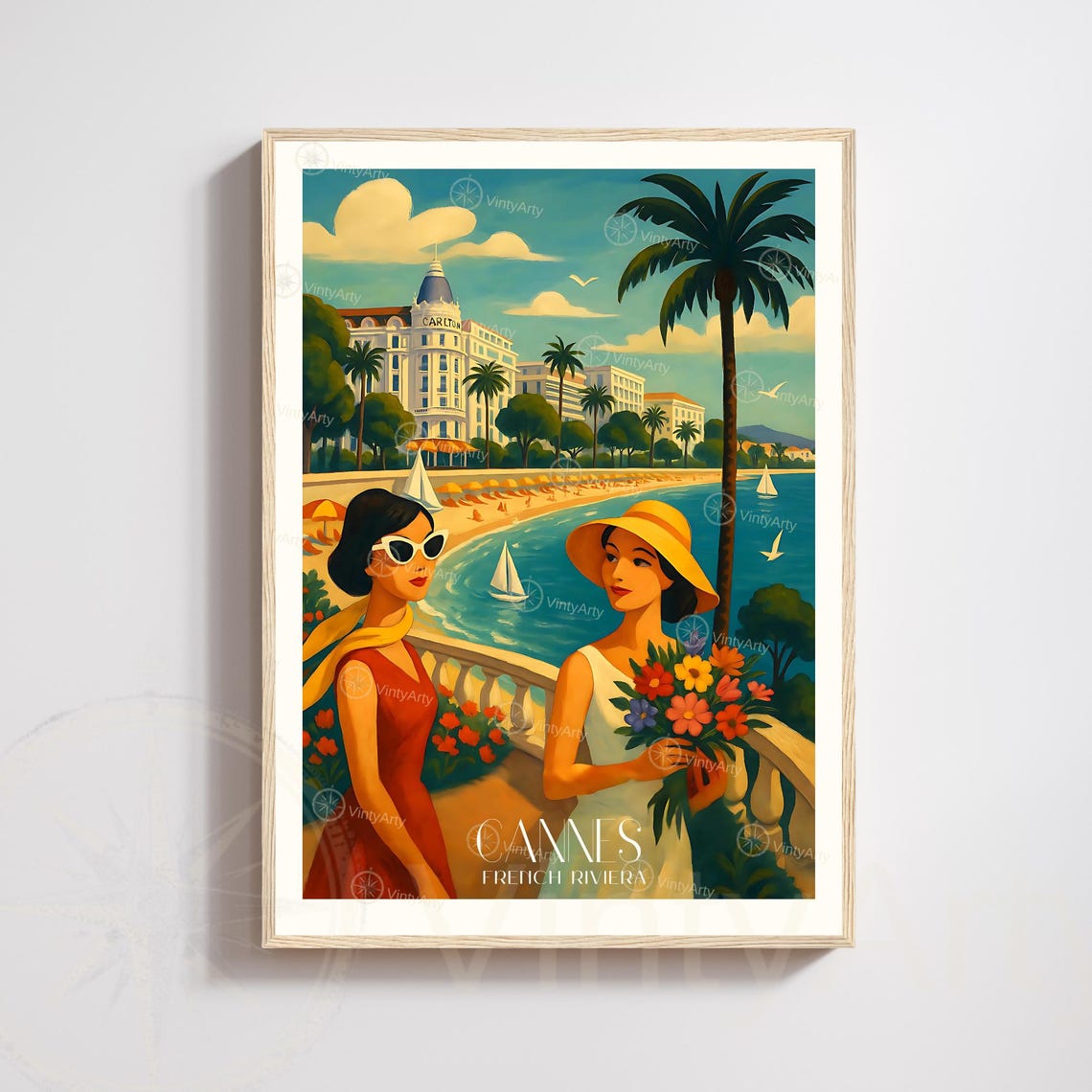 Cannes French Riviera Retro Women Travel Poster Carlton Terrace