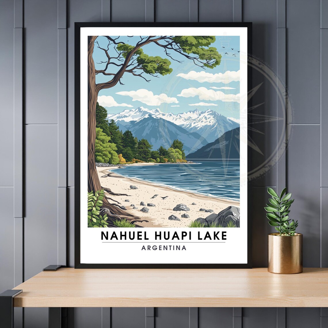 Nahuel Huapi Lake Argentina Travel Poster with Sandy Beach and Pine Trees